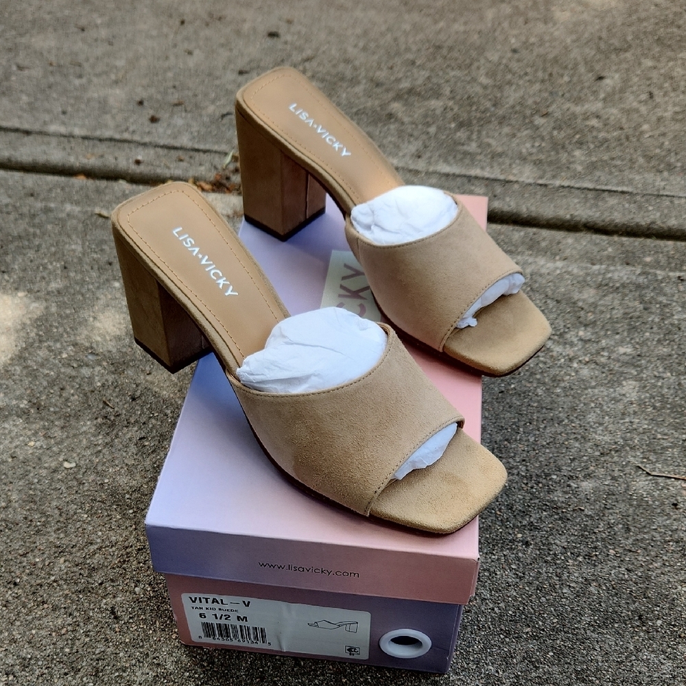 Tan Suede Block Heel Mules